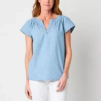 St. John's Bay Womens Split Crew Neck Short Sleeve Embroidered Tall Blouse