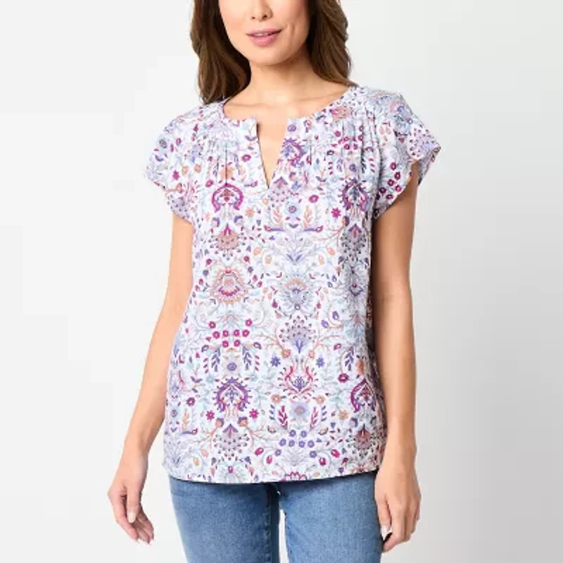 St. John's Bay Womens Tall Split Crew Neck Short Sleeve Embroidered Blouse