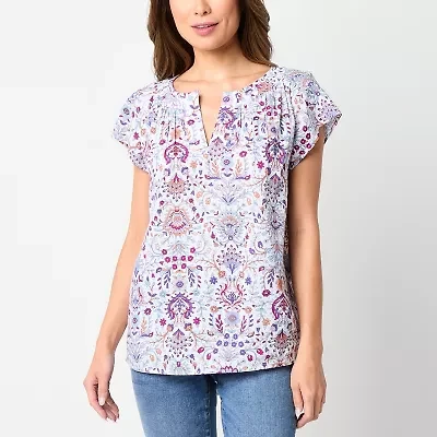 St. John's Bay Womens Tall Split Crew Neck Short Sleeve Embroidered Blouse