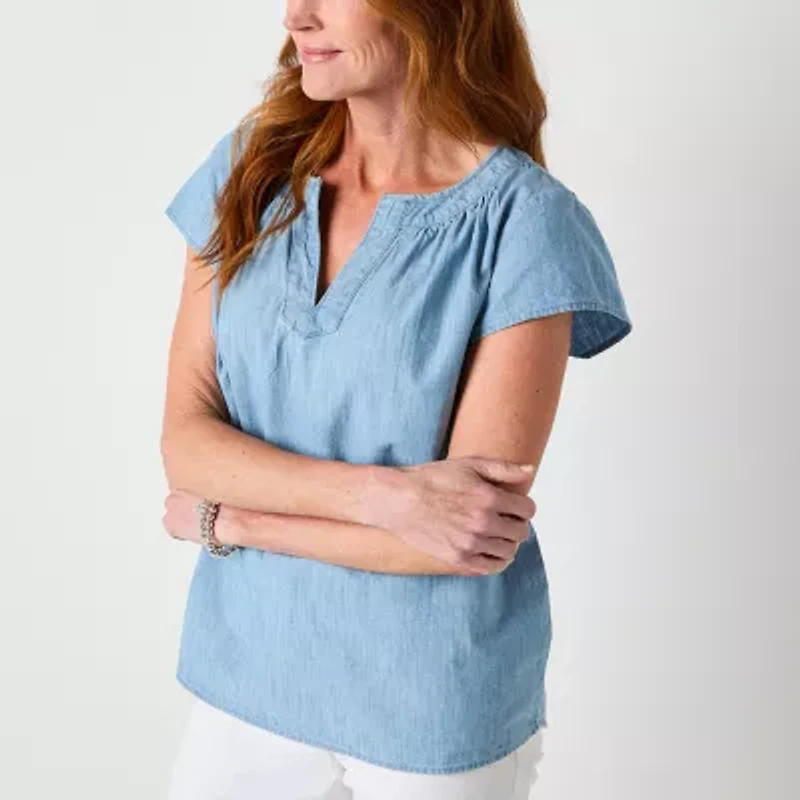 St. John's Bay Womens Split Crew Neck Short Sleeve Embroidered Tall Blouse