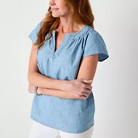 St. John's Bay Womens Split Crew Neck Short Sleeve Embroidered Tall Blouse