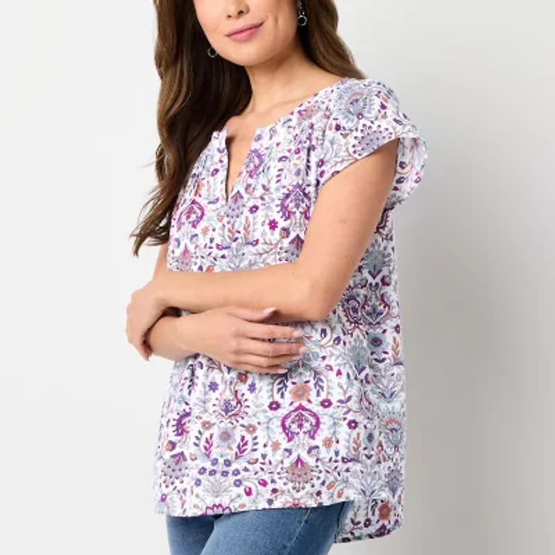 St. John's Bay Womens Tall Split Crew Neck Short Sleeve Embroidered Blouse