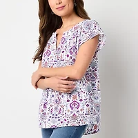 St. John's Bay Womens Tall Split Crew Neck Short Sleeve Embroidered Blouse