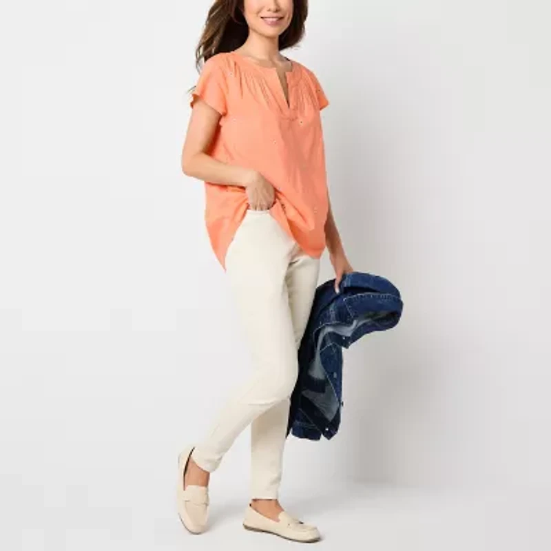 St. John's Bay Womens Tall Split Crew Neck Short Sleeve Embroidered Blouse