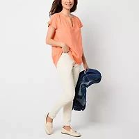 St. John's Bay Womens Tall Split Crew Neck Short Sleeve Embroidered Blouse