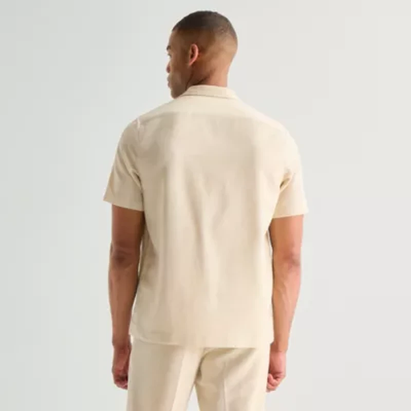 J. Ferrar Textured Mens Short Sleeve Camp Shirt