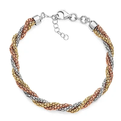 14K Gold Over Sterling Silver Tricolor Twisted Popcorn Bracelet