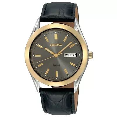 Seiko® Mens Black Leather Strap Solar Watch SNE050
