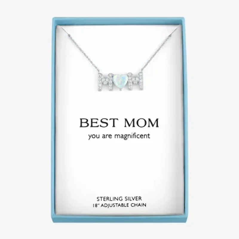 "Mom" Womens Lab Created White Opal Sterling Silver Heart 18 Inch Pendant Necklace