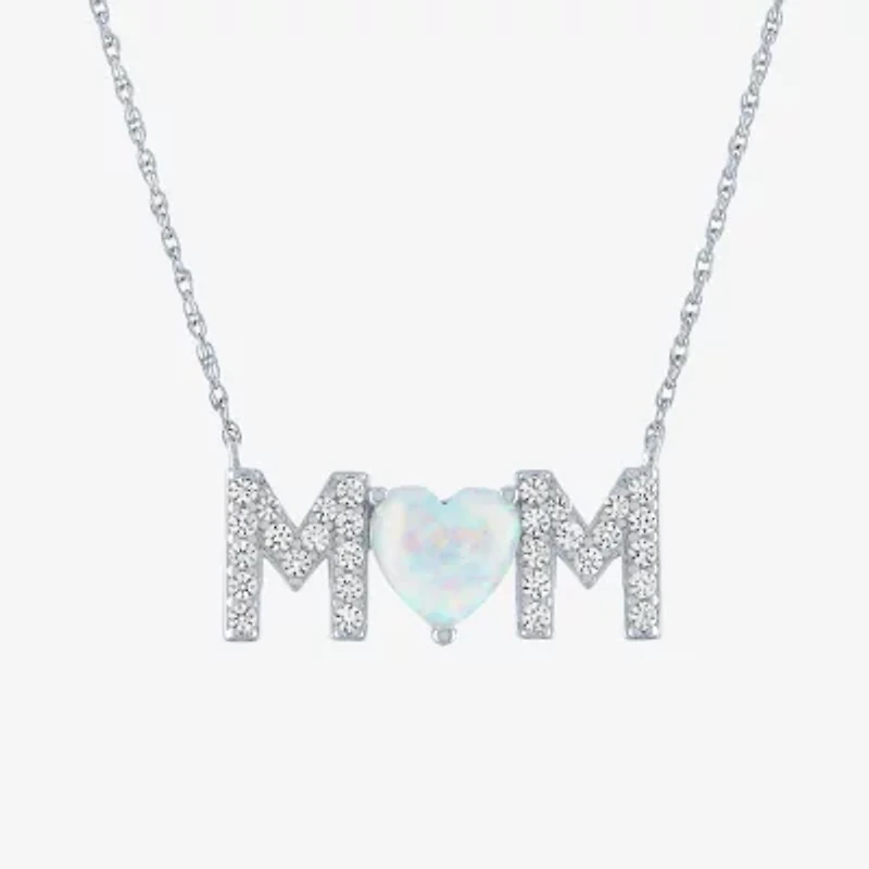 "Mom" Womens Lab Created White Opal Sterling Silver Heart 18 Inch Pendant Necklace