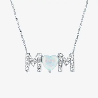 Mom" Womens Lab Created White Opal Sterling Silver Heart 18 Inch Pendant Necklace