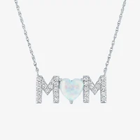 "Mom" Womens Lab Created White Opal Sterling Silver Heart 18 Inch Pendant Necklace