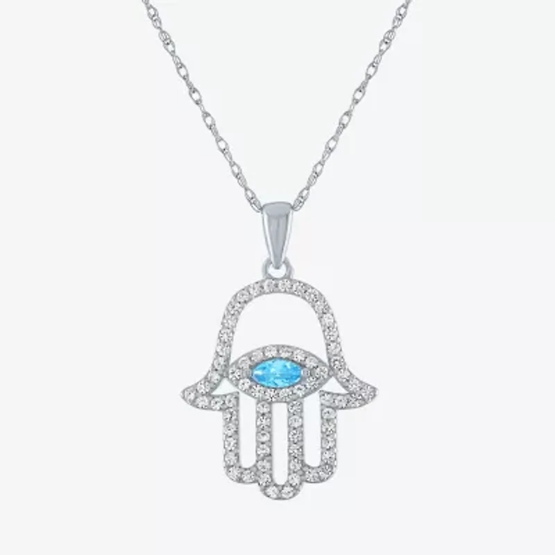 Womens Genuine Blue Topaz Sterling Silver Hamsa 18 Inch Pendant Necklace