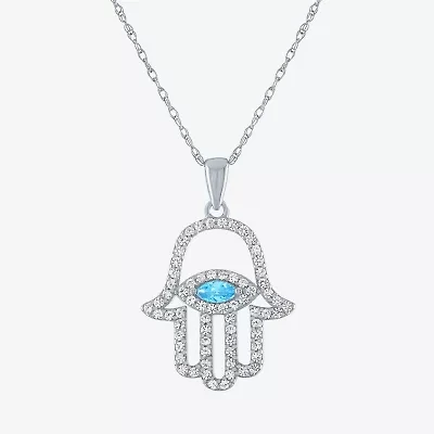 Womens Genuine Blue Topaz Sterling Silver Hamsa 18 Inch Pendant Necklace