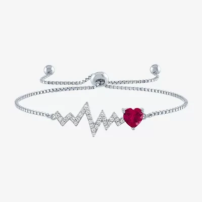 Heartbeat Womens Lab Created Red Ruby Sterling Silver Heart Bolo Bracelet