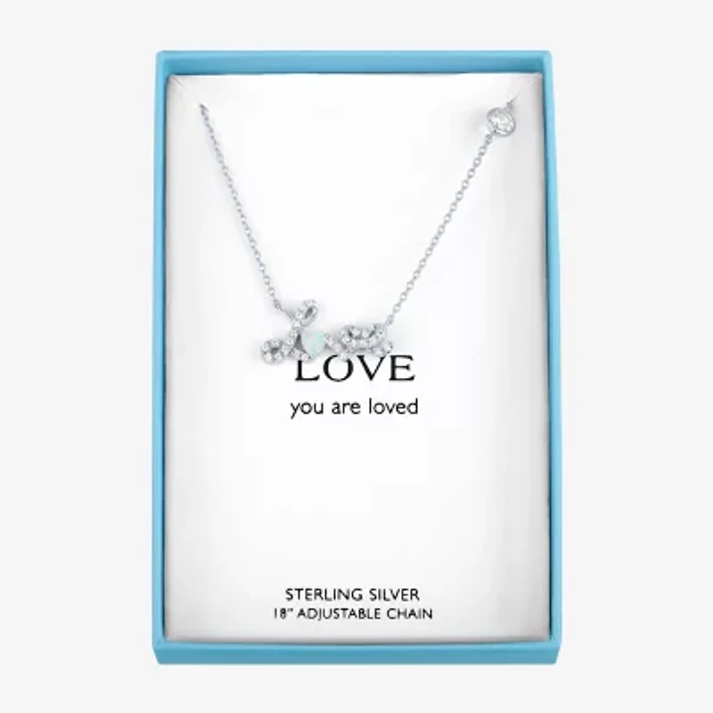 "Love" Womens Lab Created White Opal Sterling Silver Heart 17 Inch Pendant Necklace