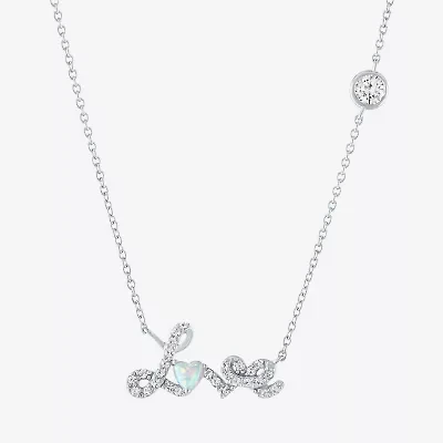"Love" Womens Lab Created White Opal Sterling Silver Heart 17 Inch Pendant Necklace