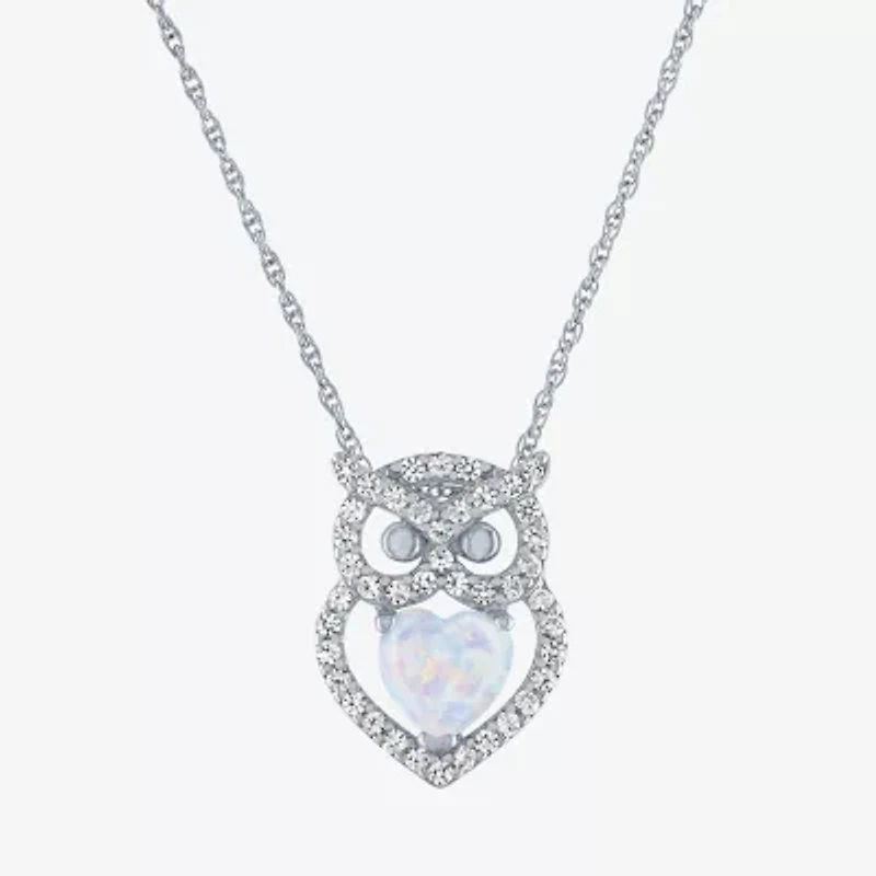 Owl Womens Lab Created White Opal Sterling Silver 18 Inch Pendant Necklace