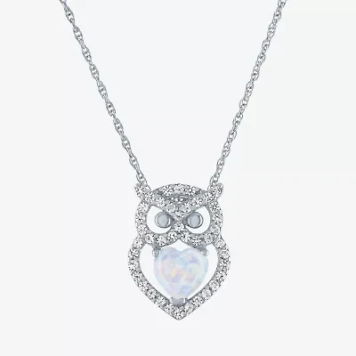 Owl Womens Lab Created White Opal Sterling Silver 18 Inch Pendant Necklace