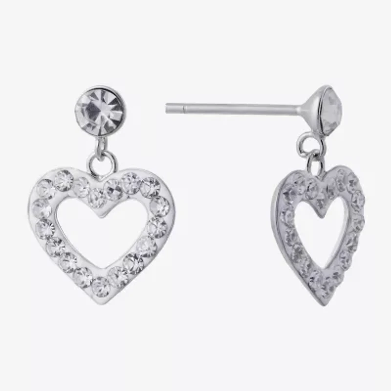 Silver Treasures Womens Crystal Sterling Silver Heart Drop Earrings