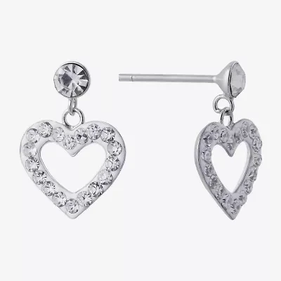 Silver Treasures Womens Crystal Sterling Silver Heart Drop Earrings