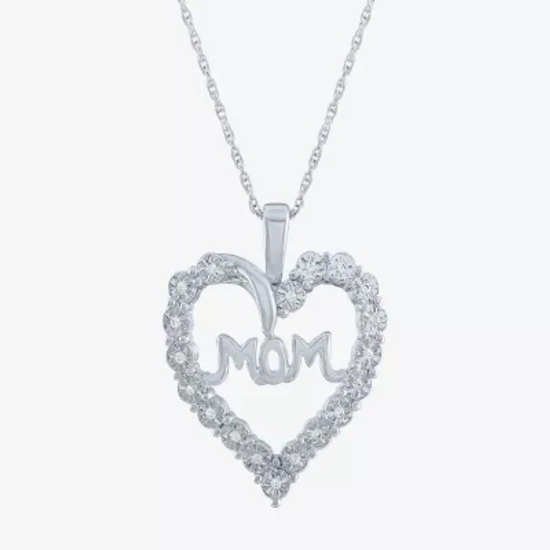 Yes, Please! "Mom" Womens 1/10 CT. T.W. Natural White Diamond Sterling Silver Heart 18 Inch Pendant Necklace