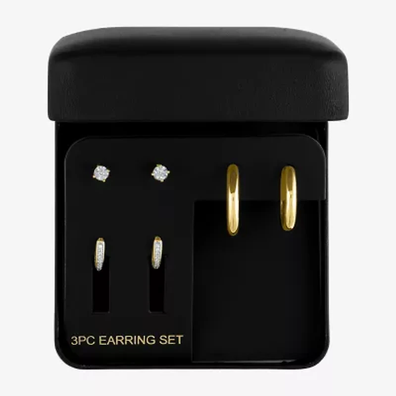 Diamond Addiction Womens 1/7 CT. T.W. Natural White Diamond 14K Gold Over Silver Sterling Silver 3 Pair Earring Set