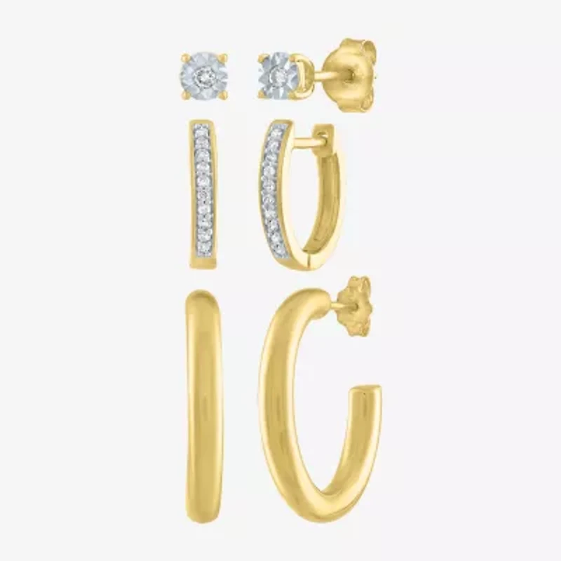 Diamond Addiction Womens 1/7 CT. T.W. Natural White Diamond 14K Gold Over Silver Sterling Silver 3 Pair Earring Set