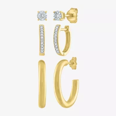 Diamond Addiction Womens 1/7 CT. T.W. Natural White Diamond 14K Gold Over Silver Sterling Silver 3 Pair Earring Set