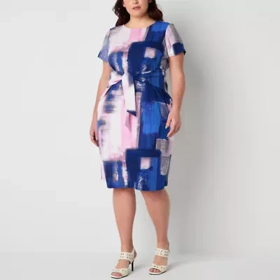 R & K Originals Womens Short Sleeve Midi Abstract Plus Shift Dress