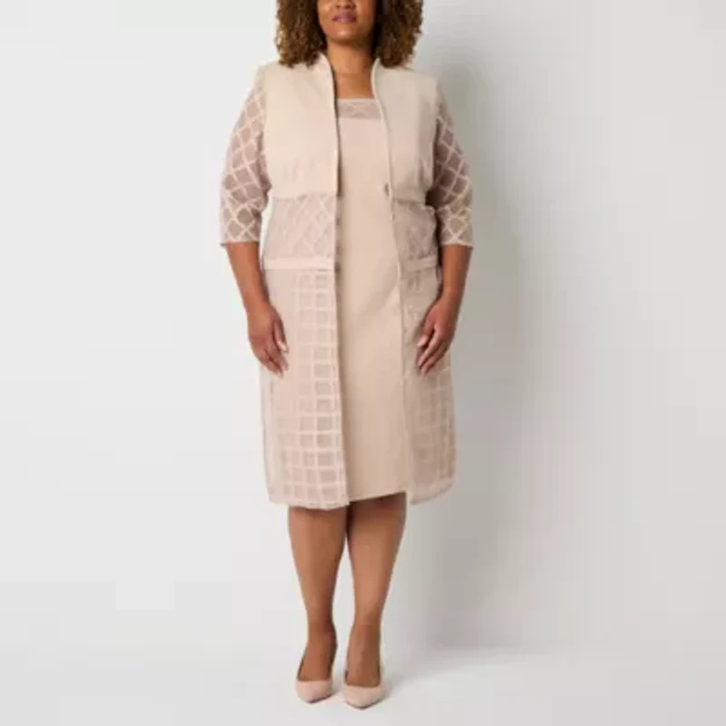 Maya Brooke Womens Windowpane Jacket Dress Plus