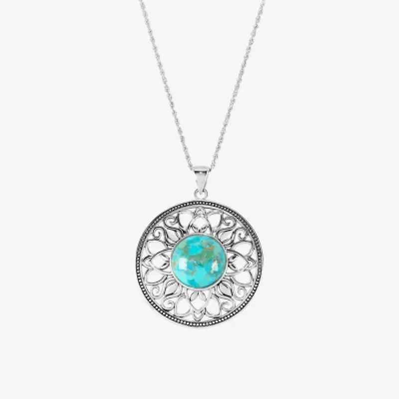Womens Enhanced Blue Turquoise Sterling Silver Round 18 Inch Pendant Necklace