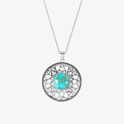 Womens Enhanced Blue Turquoise Sterling Silver Round 18 Inch Pendant Necklace