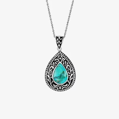 Womens Enhanced Blue Turquoise Sterling Silver Pear 18 Inch Pendant Necklace
