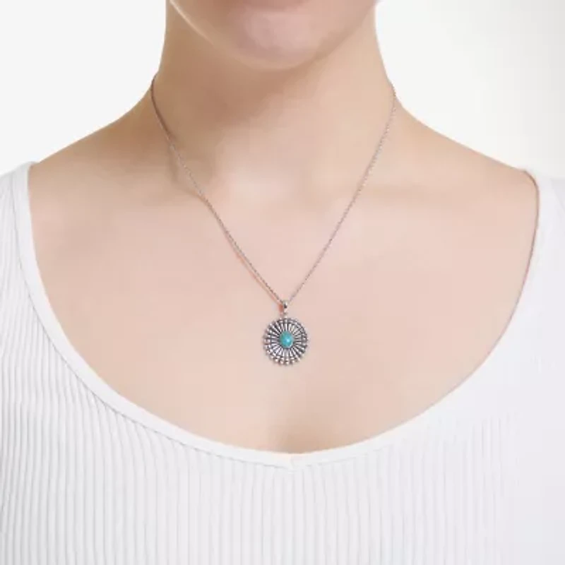 Womens Enhanced Blue Turquoise Sterling Silver Round 18 Inch Pendant Necklace