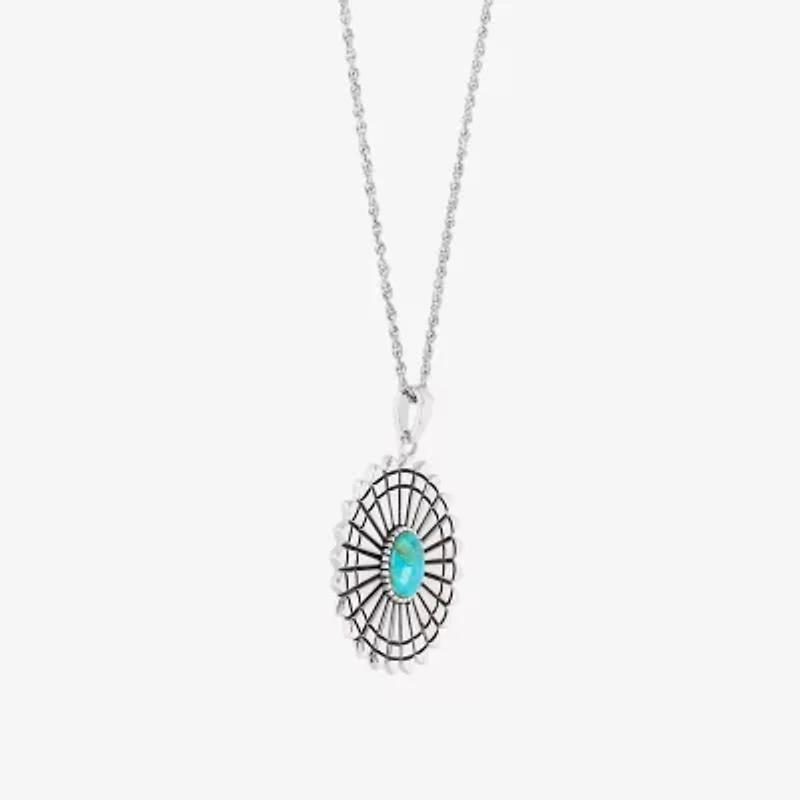 Womens Enhanced Blue Turquoise Sterling Silver Round 18 Inch Pendant Necklace