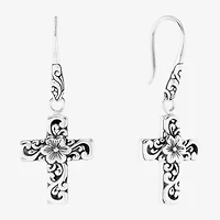 Bali Inspired Womens Sterling Silver Cross Drop Earrings