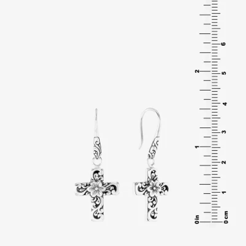 Bali Inspired Womens Sterling Silver Cross Drop Earrings