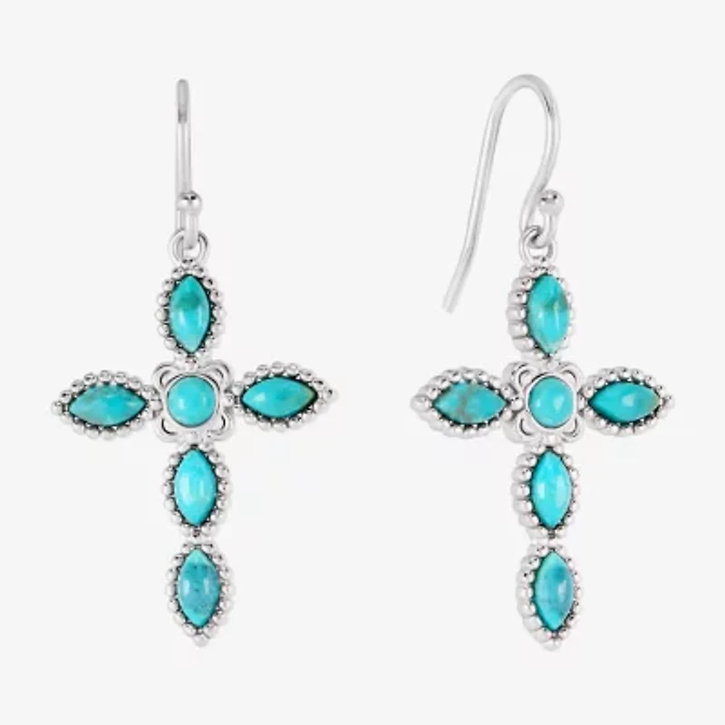 Womens Blue Turquoise Sterling Silver Cross Drop Earrings