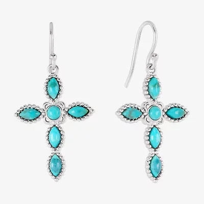 Womens Blue Turquoise Sterling Silver Cross Drop Earrings