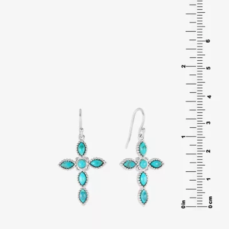 Womens Blue Turquoise Sterling Silver Cross Drop Earrings