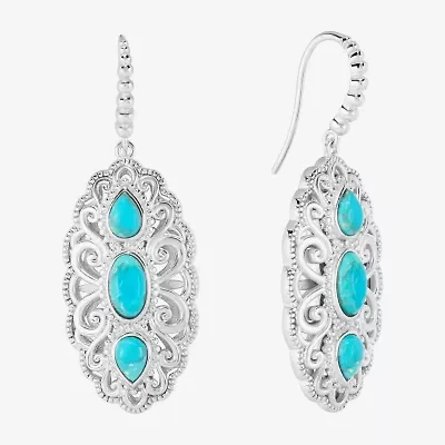 Womens Genuine Blue Turquoise Sterling Silver Oval Drop Earrings
