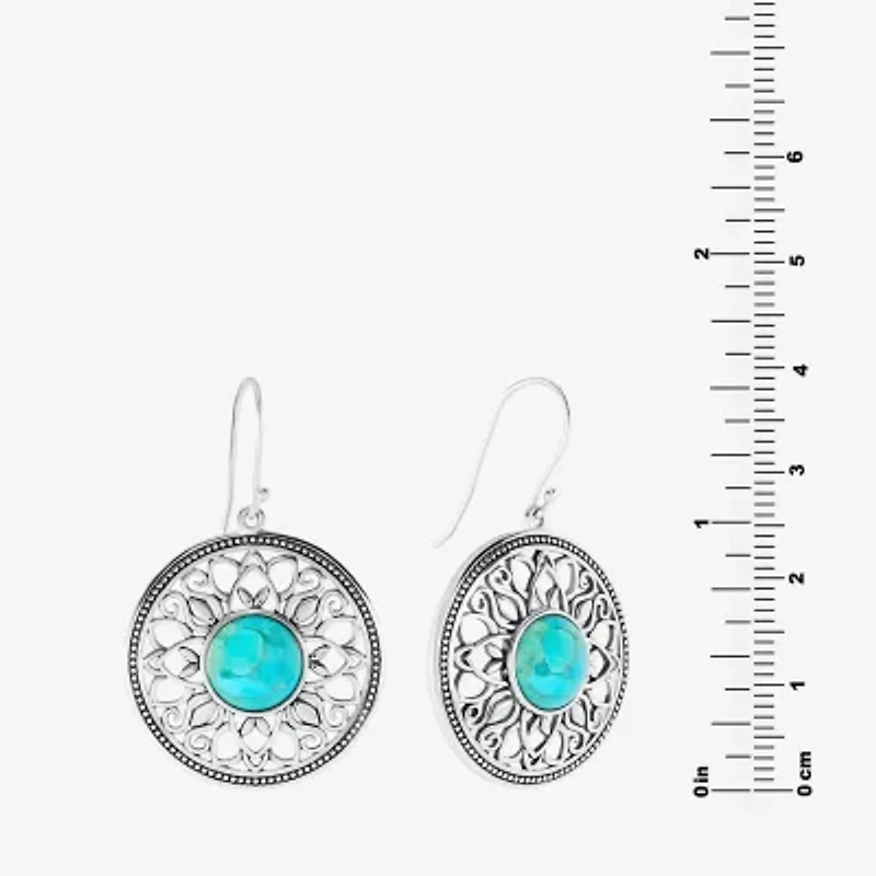 Womens Genuine Blue Turquoise Sterling Silver Round Drop Earrings