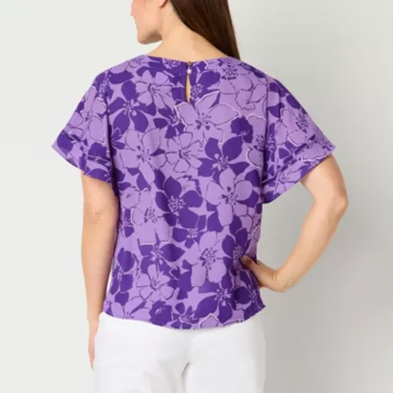 Liz Claiborne Womens Round Neck Short Sleeve Blouse