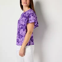 Liz Claiborne Womens Round Neck Short Sleeve Blouse