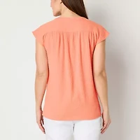 Liz Claiborne Womens Split Crew Neck Short Sleeve Blouse