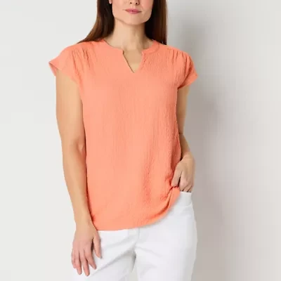 Liz Claiborne Womens Split Crew Neck Short Sleeve Blouse