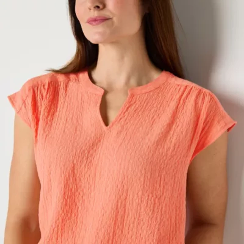 Liz Claiborne Womens Split Crew Neck Short Sleeve Blouse