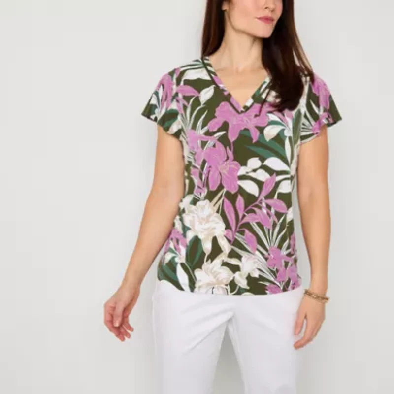 Liz Claiborne Womens V Neck Short Sleeve Blouse