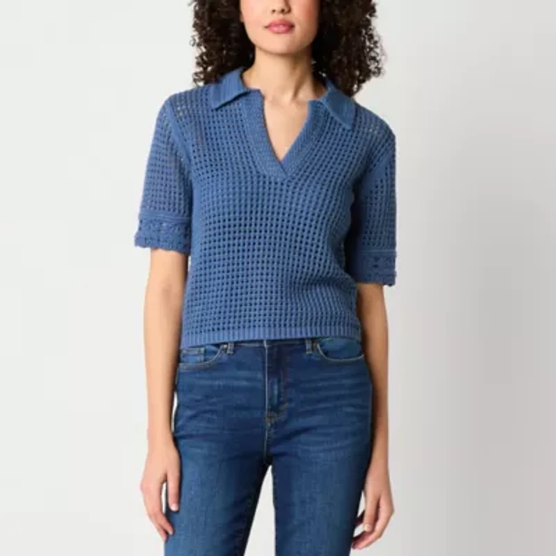 a.n.a Womens Short Sleeve Crochet Polo